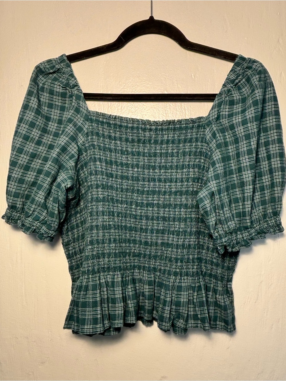 J. Crew Emerald Green Plaid Flannel Smocked Puff Sleeve Top